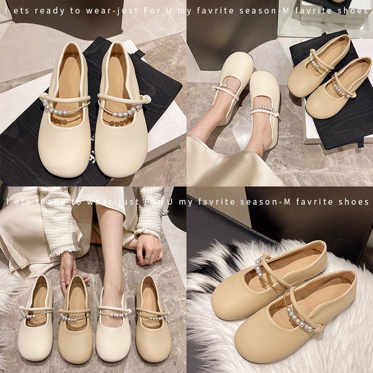 French Marie Jean Women's Spring/Summer 2025 new pearl chanel-style shoes, soft-soled beige light opening single shoes, bean shoes details Picture