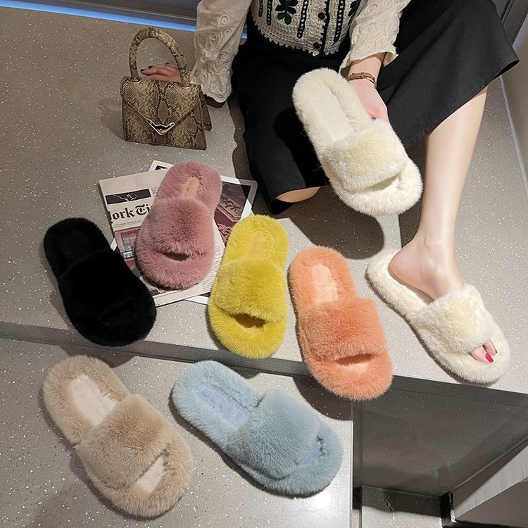 MAO MAO Slippers for women's winter outdoor wear 2025 Autumn New indoor lazy flat plush one-line slippers Home cotton slippers full figure