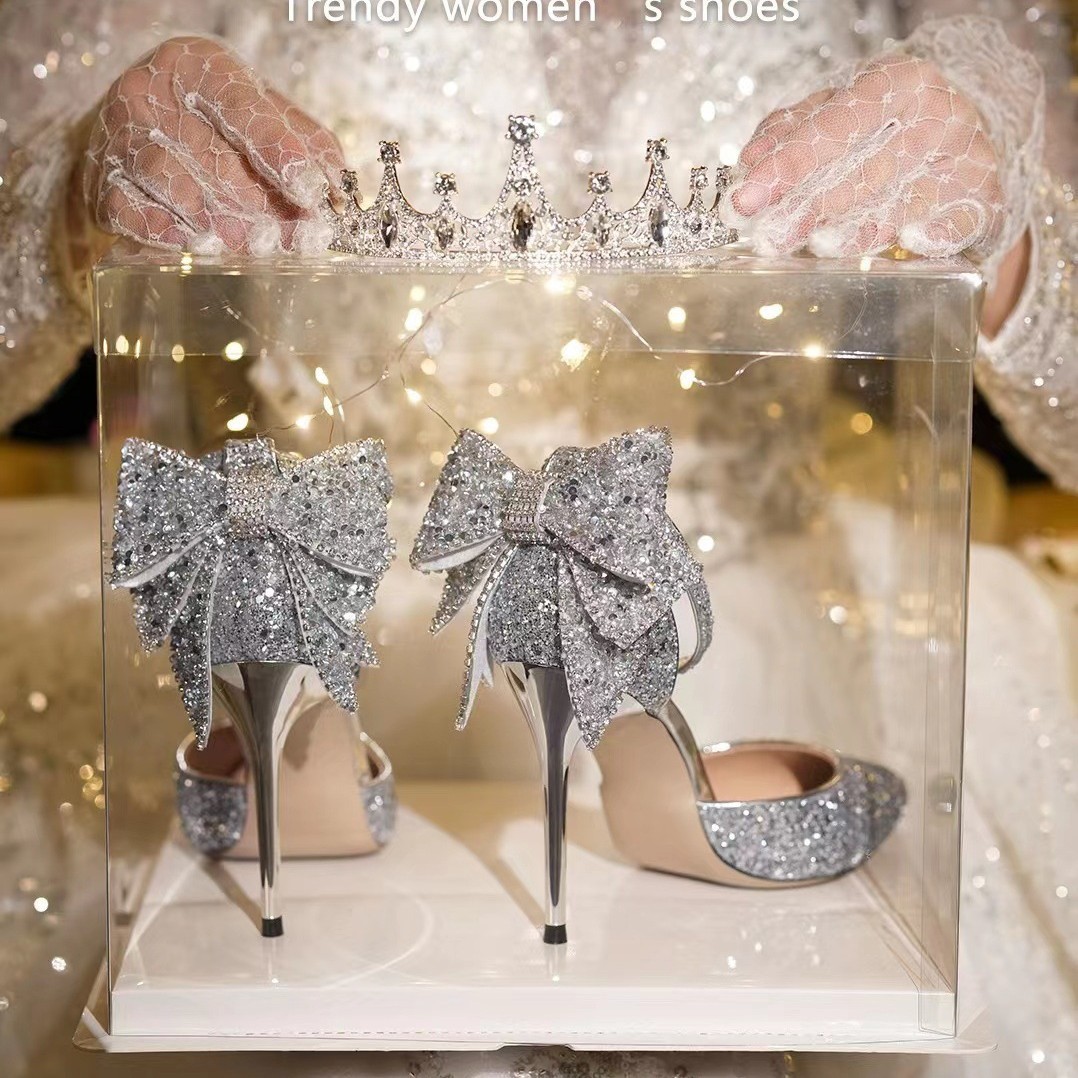 Main wedding dress, wedding shoes, high heels, wedding shoes, bow shoes, women's thin heels, 2025 new style, high-heeled sandals, black Specification drawing