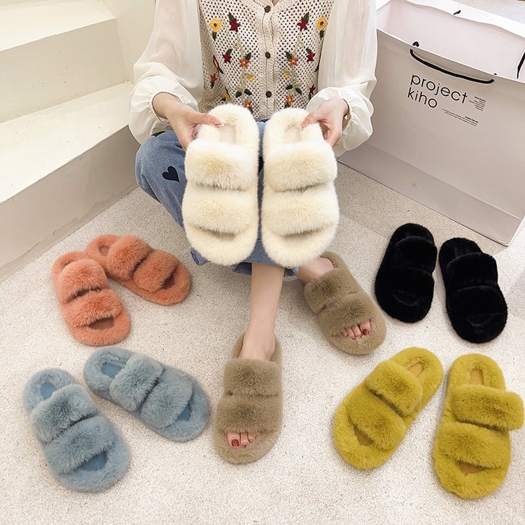 New autumn and winter double-strap fleece slippers for outerwear, fashionable and casual women's one-shoulder cotton slippers, flat-bottomed home, 42 fleece slippers full figure