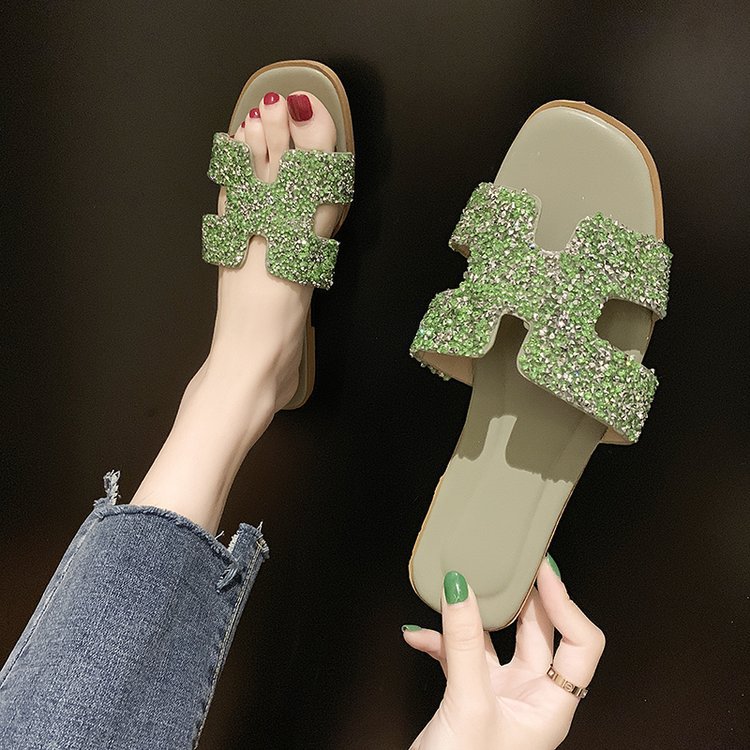 Slippers Women 2025 Summer New Style Women's shoes, student flat, soft sole, bright diamond, one-shoulder, Korean style fashionable women's slippers details Picture