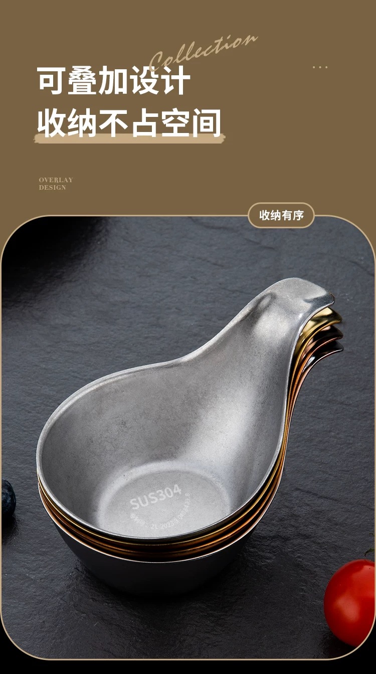 Stainless steel food vlogger hand-held plate, hand-held plate, caviar snack plate, handle seasoning with ears, Western restaurant dipping sauce bowl Specification image