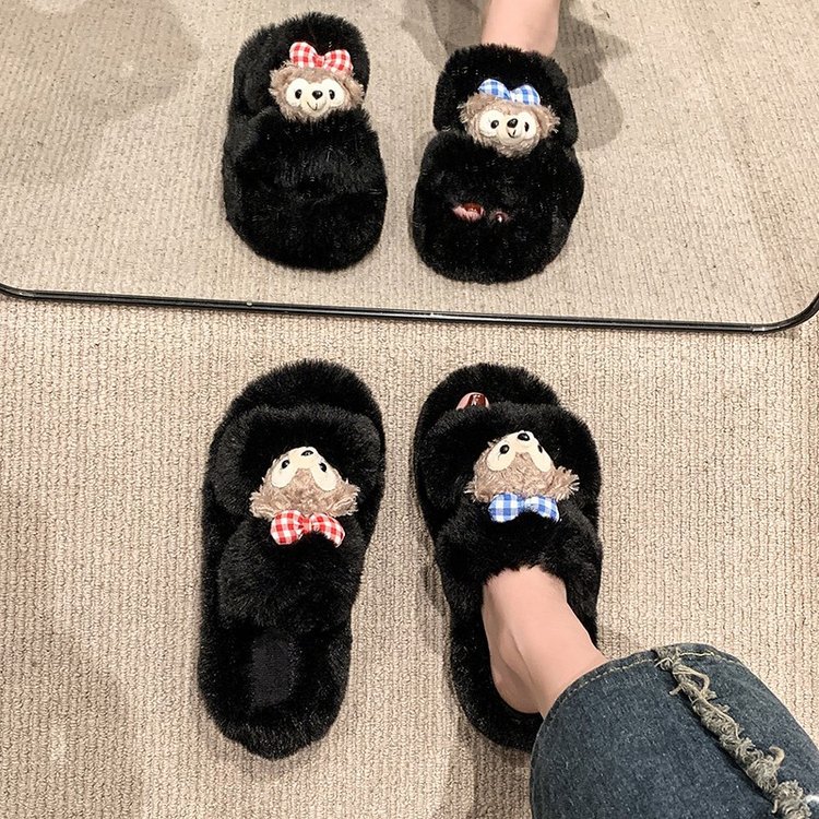 In 2025, cute doll comfortable slippers for women, warm and fluffy Korean-style casual home wear, versatile plush slippers Specification drawing