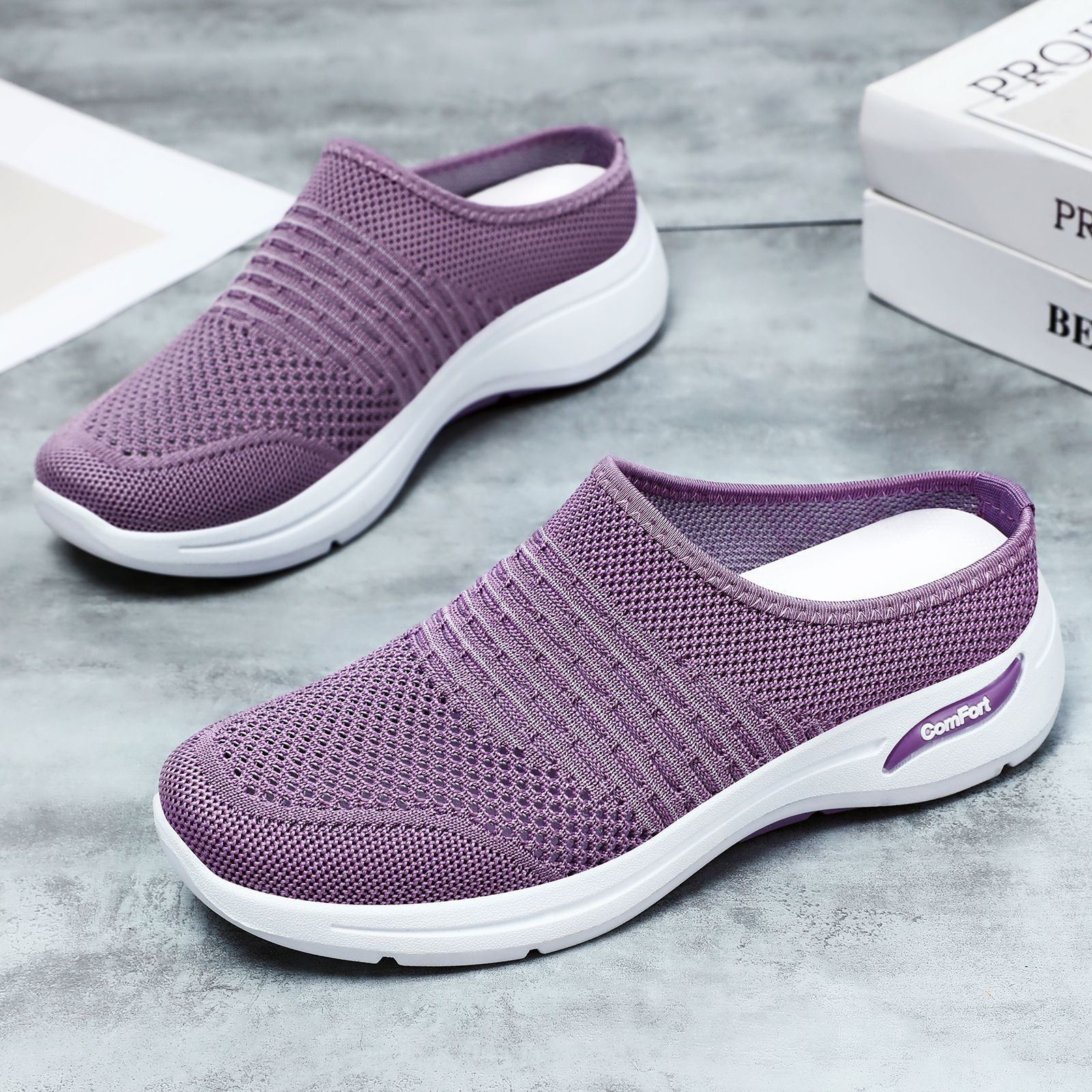 New summer half-slipper shoes for women, soft-soled one-step lazy shoes, mesh casual shoes, breathable shallow opening shoes full figure