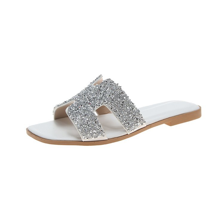 Slippers Women 2025 Summer New Style Women's shoes, student flat, soft sole, bright diamond, one-shoulder, Korean style fashionable women's slippers Item Picture