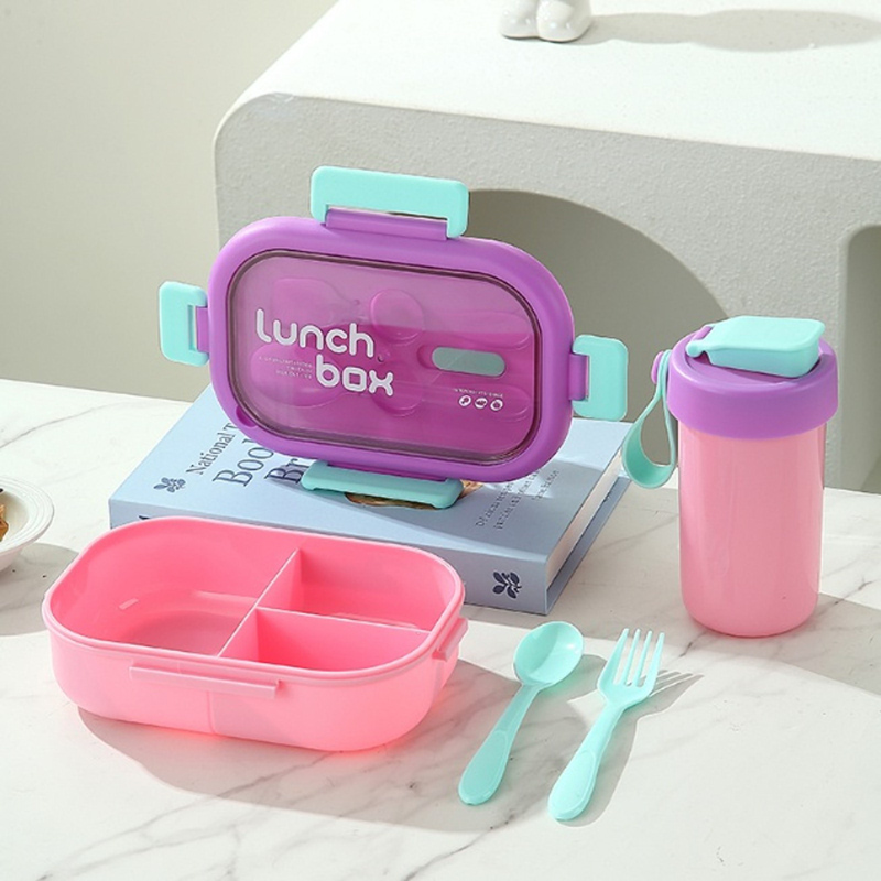 儿童饭盒水杯餐具套装 四色分隔密封便当盒 学生便携带饭餐盒组合详情5