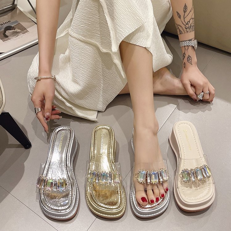 Thick-soled slippers summer new style women's rhinestone casual cool slippers 2025 details Picture