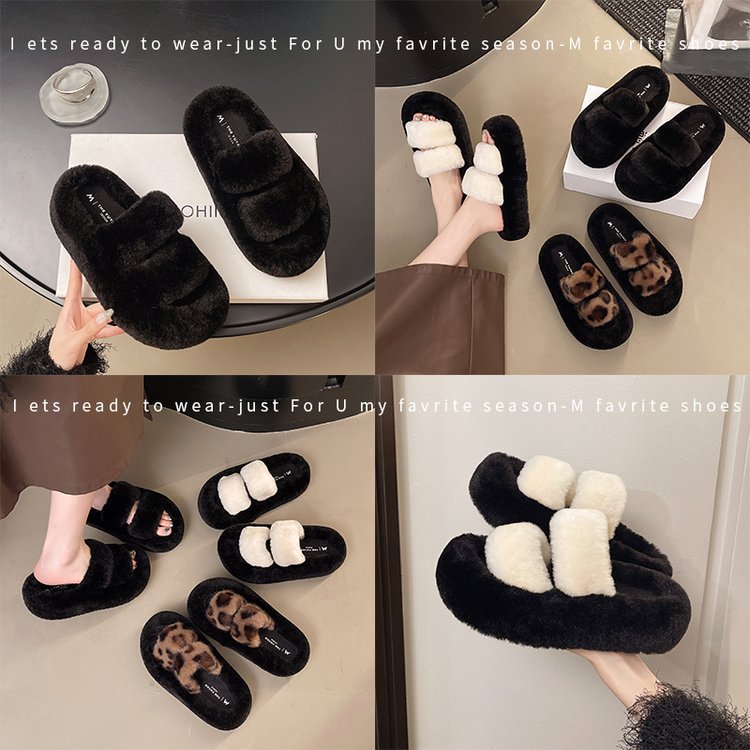 Super beautiful thick-soled woolen slippers for women to wear outside 2025 autumn/winter new home anti-slip lazy person one-line cotton slippers Specification drawing