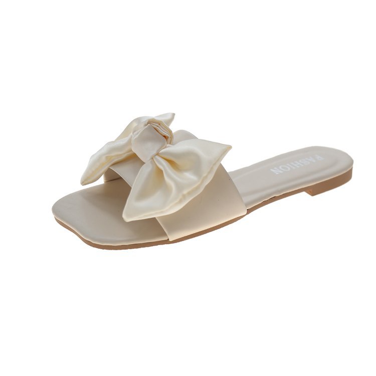 New women's shoes for Spring/Summer 2025: square-toed, flat-bottomed, open-toe, one-shoulder flip-flops, Korean-style fashionable bow women's slippers Item Picture