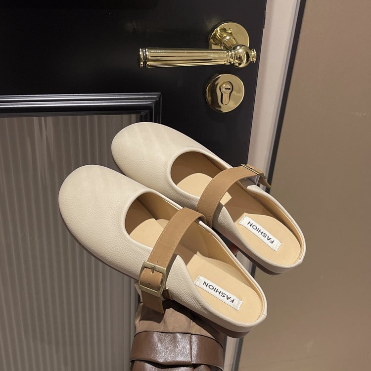 Baotou half-slipper women's outerwear 2025 Spring/Summer soft-soled soft leather retro Boken shoes, one-shoulder lazy bean shoes details Picture