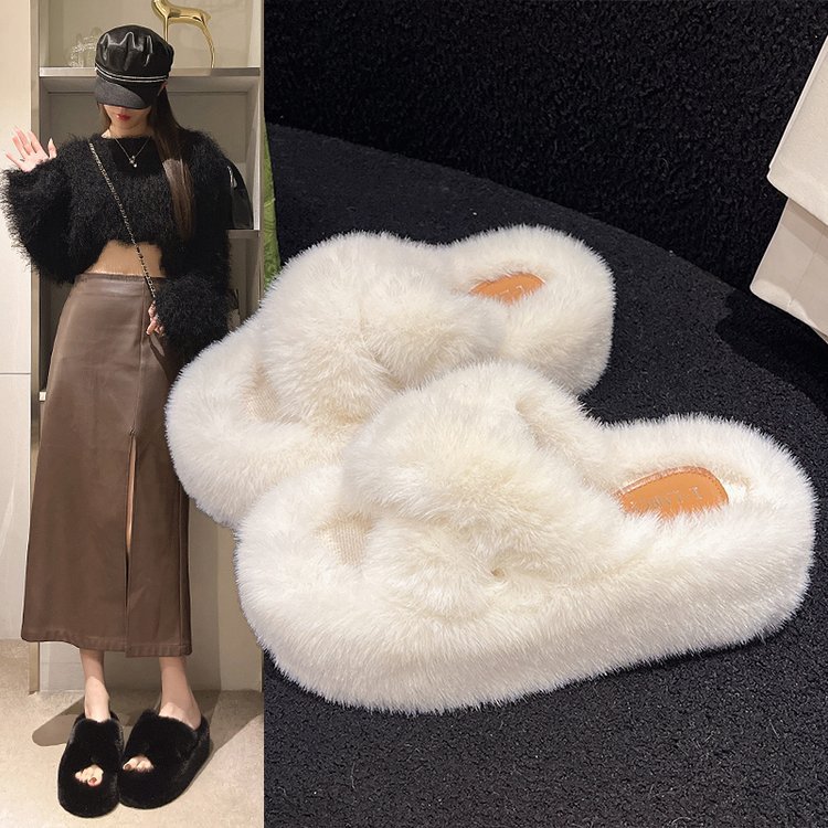 Small crossover thick-soled woolen slippers for women, 2025 autumn/winter new fairy-style woolen cotton slippers, height-increasing woolen slippers, large size Specification drawing