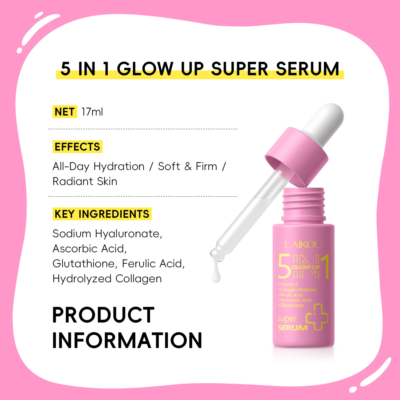 Cross-border LAIKOU Five-in-One Luminous Essence 17ml All-English export Essence Skin care Product manufacturer in stock Specification drawing