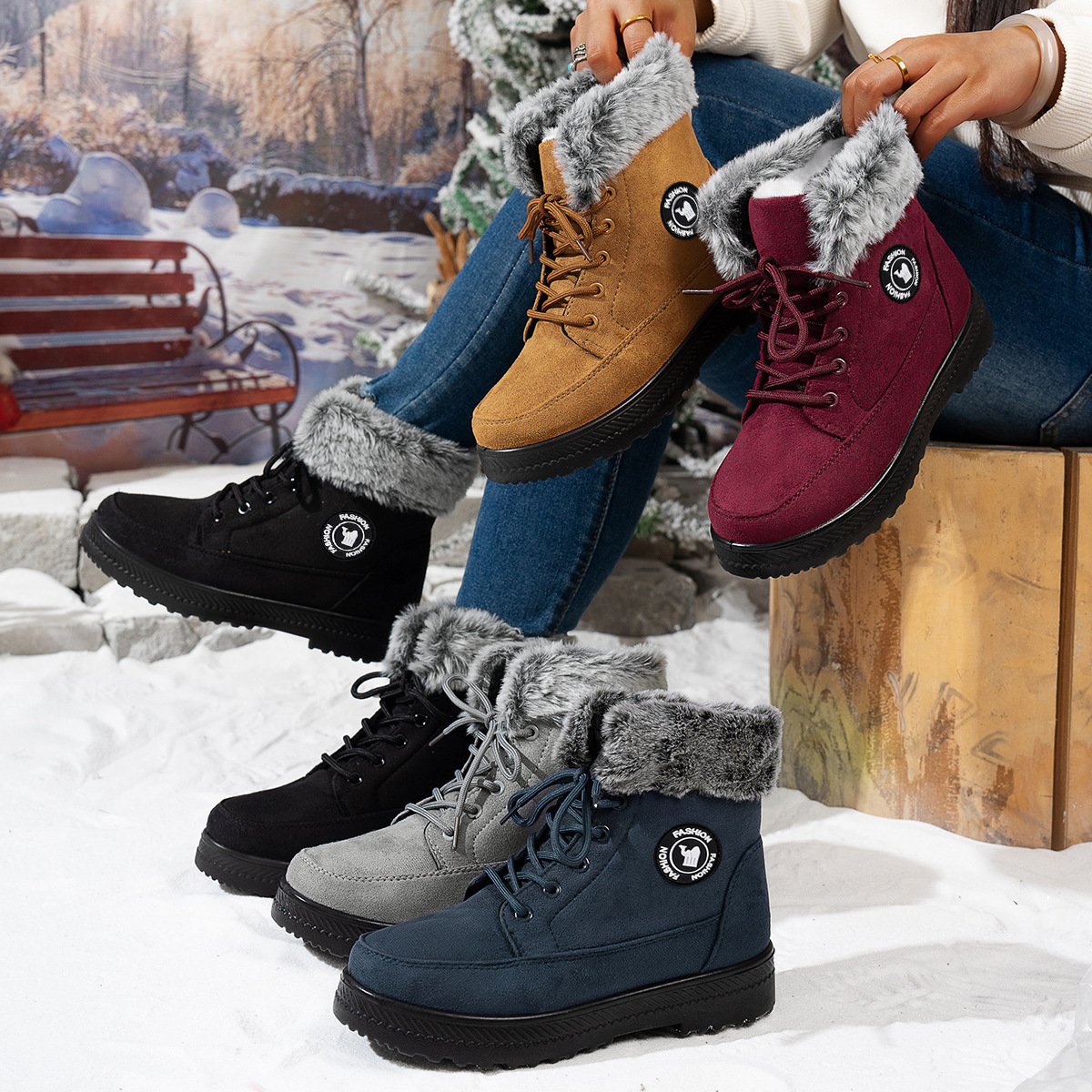 Winter new women's shoes, cotton boots with fleece and thickened mid-top, warm snow boots, cross-border consignment, one pair of cotton shoes Application Scenario