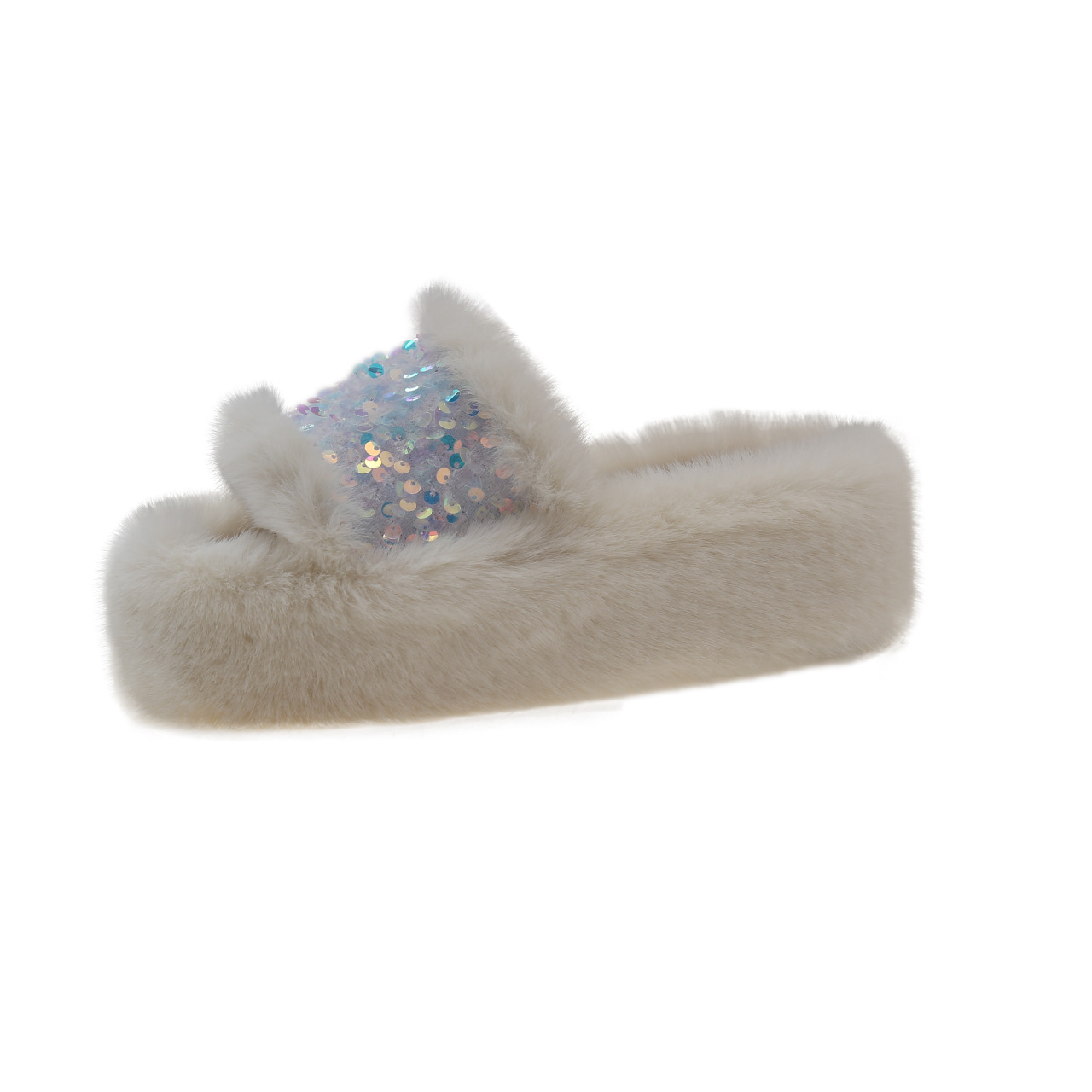 Shiny and fashionable furry slippers for women's outerwear in autumn and winter, a new trendy sequined accessory for home use, thick-soled warm cotton slippers Item Picture