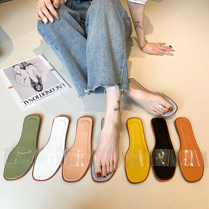 New Korean style women's shoes for Spring/Summer 2025, fashionable one-shoulder, flat and transparent, popular cool slippers for women details Picture