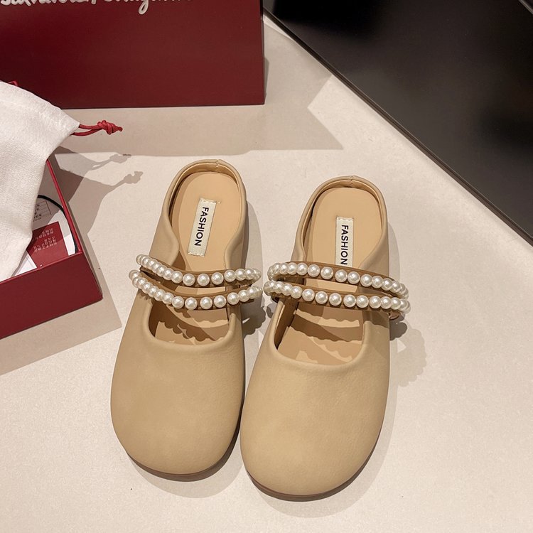 Pearl head flip-flops for women's summer outerwear, 2025 new Korean fairy style cool flip-flops, flat and fashionable muller half slippers details Picture