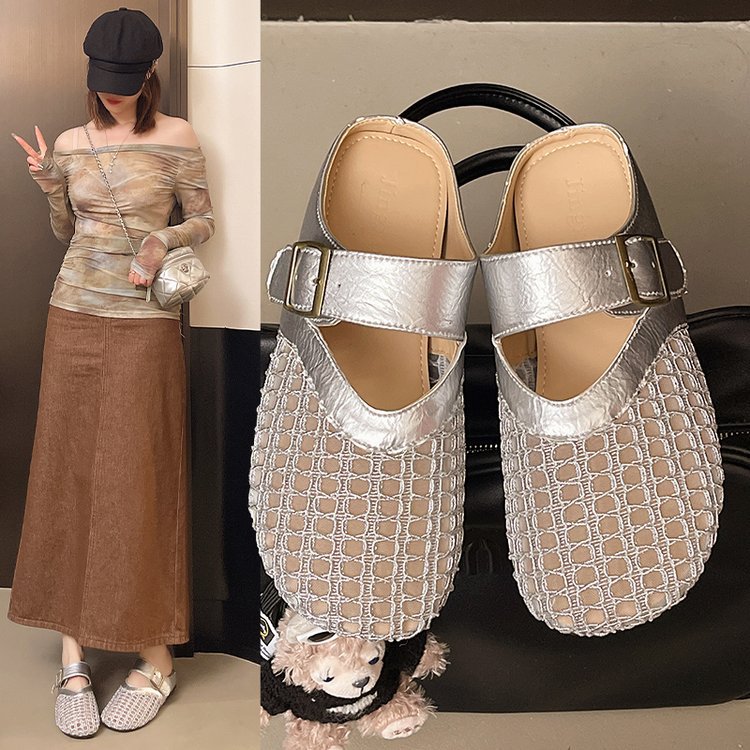 Baotou summer slippers for women to wear outside 2025 new style mesh breathable French thick-soled pregnant women Mary Jane half-support single shoes details Picture
