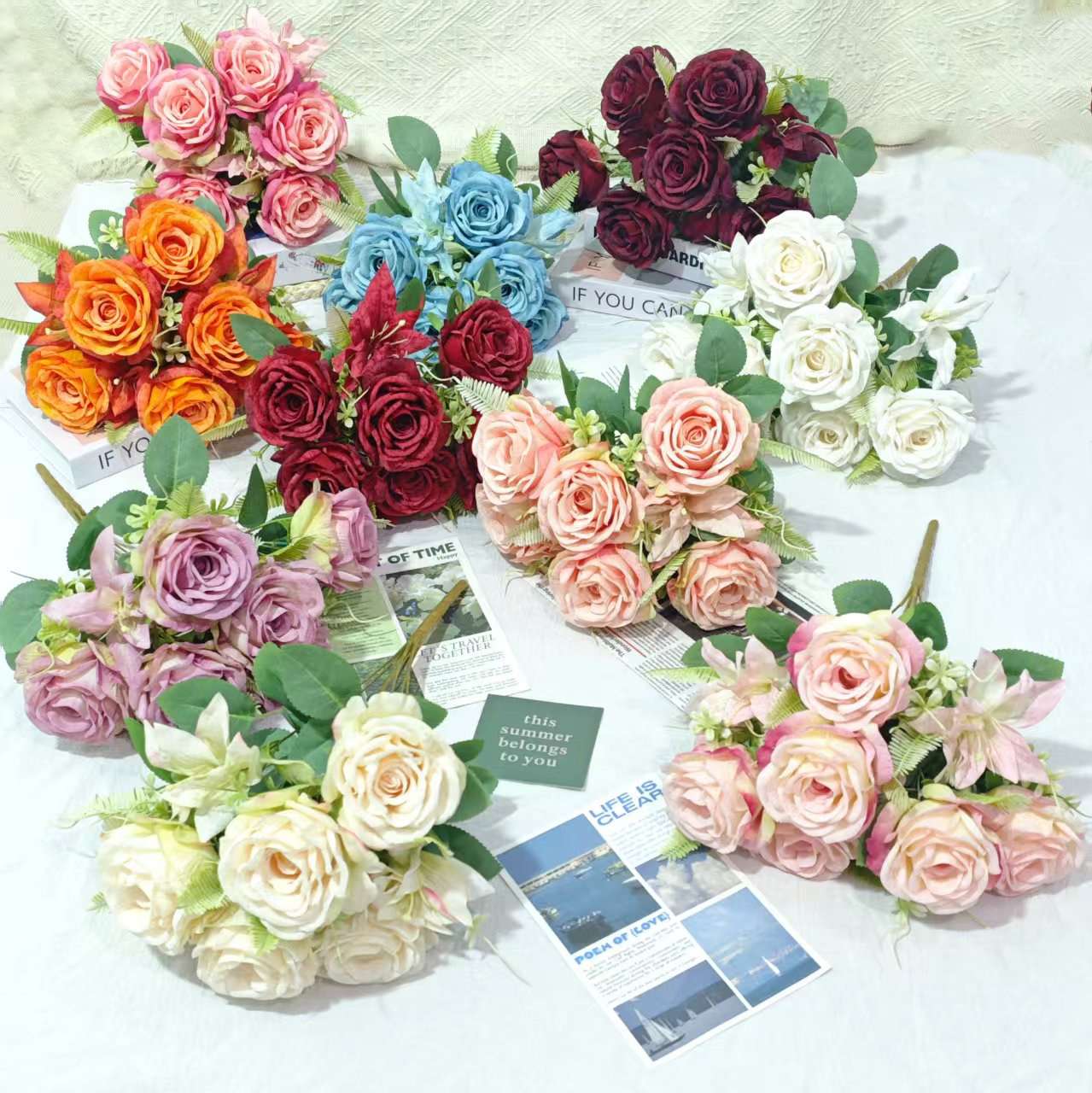 办公文化仿真园艺玫瑰花杆火把狂欢夜导具电镀玫瑰钩织花束