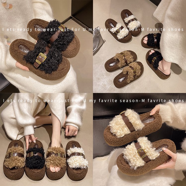 Retro thick-soled woolen slippers for women to wear outside, 2025 autumn/winter Korean-style comfortable curly woolen slippers, one-shoulder cotton slippers for women Specification drawing