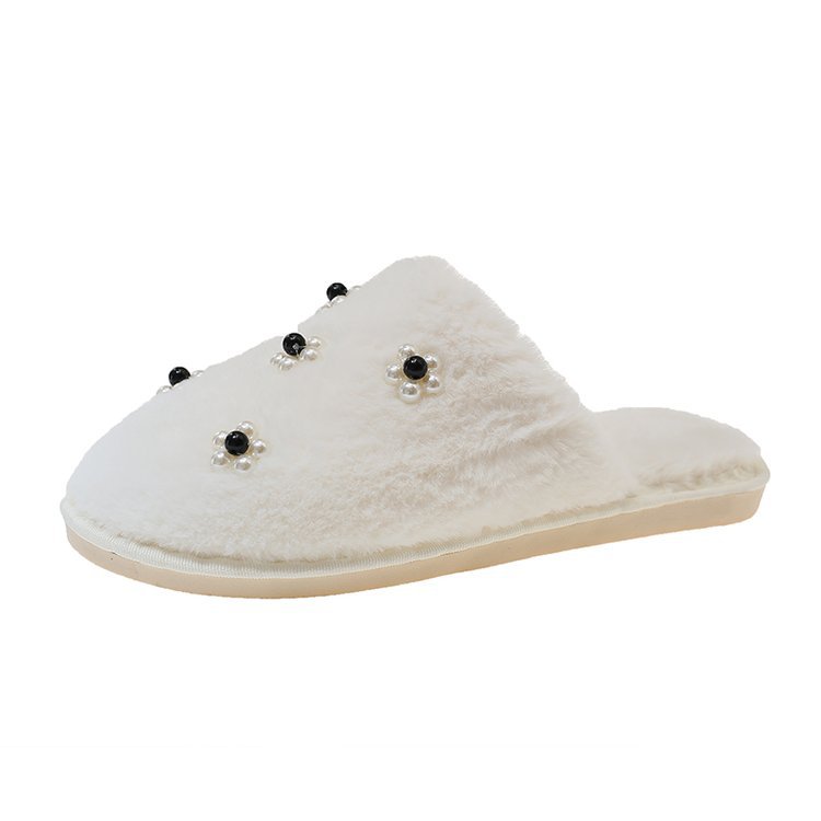 Wholesale of the 2025 autumn/winter new fashion pearl flower cotton flip-flops for daily home use with soft soles and warmth Item Picture