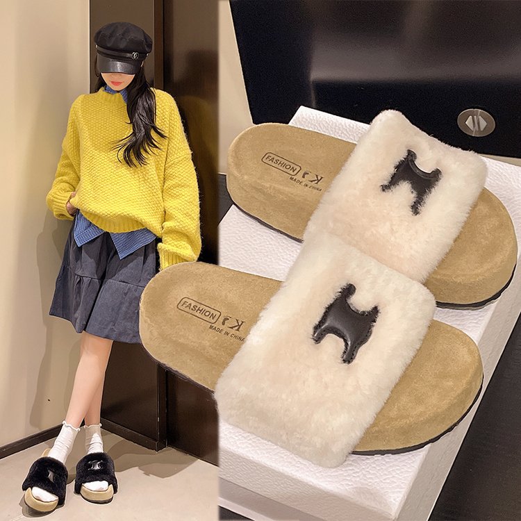 Thick-soled woolen slippers for women's outerwear, 2025 new style fashionable and versatile casual one-shoulder slippers, plush sponge cotton slippers full figure