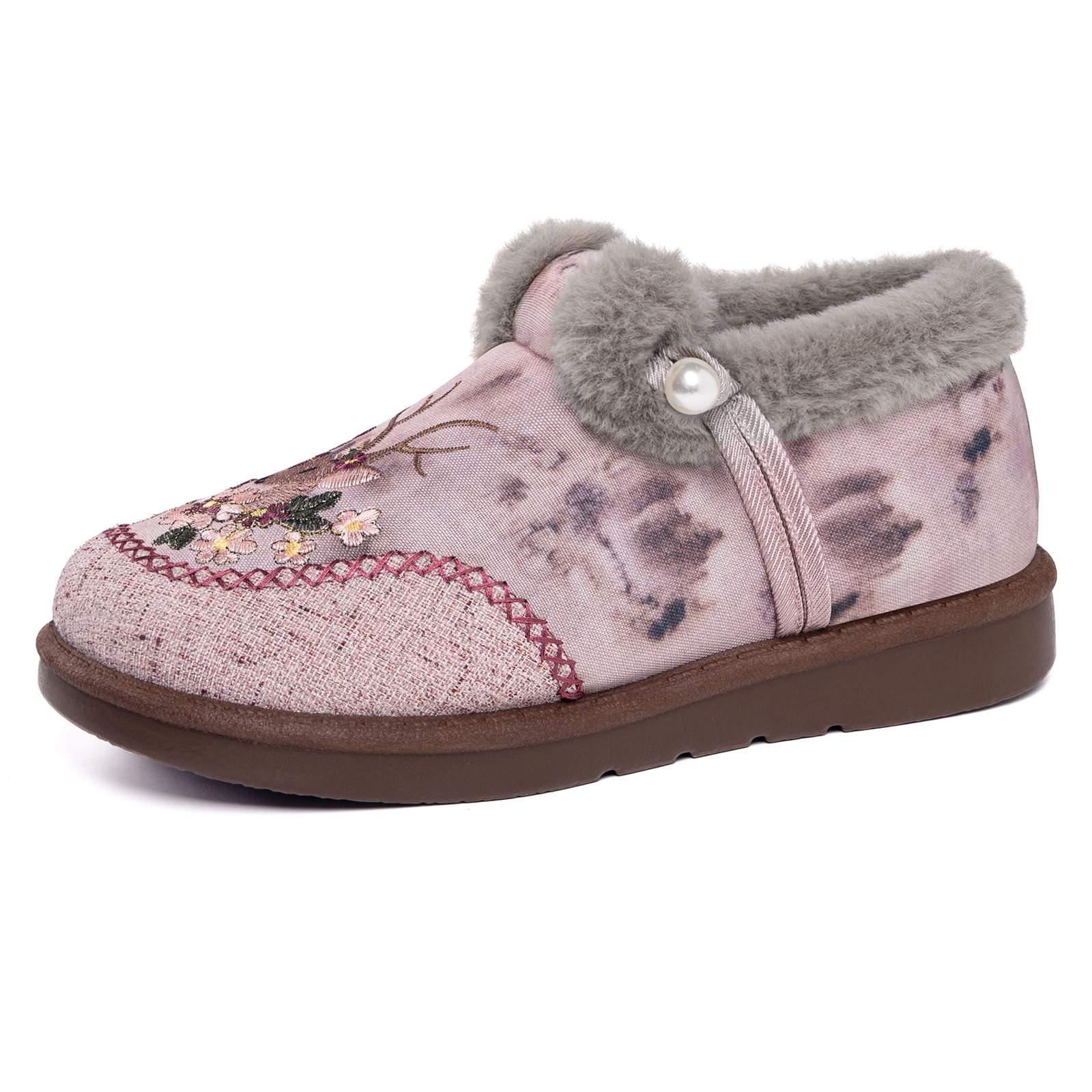New winter casual and versatile cotton shoes for women, featuring a traditional Chinese style of deer flower cotton boots with thickened fleece and embroidered snow boots for delivery Item Picture