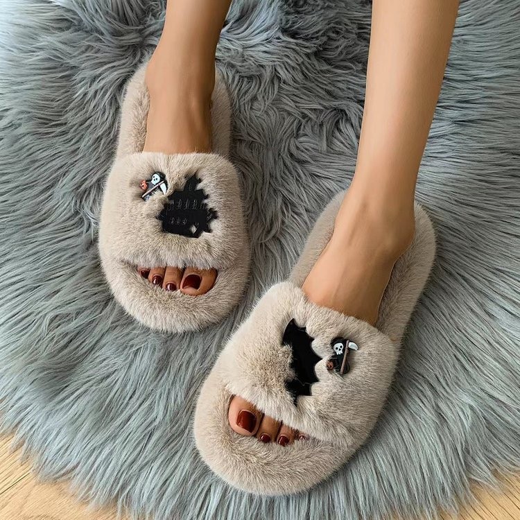 The popular "MAO MAO Tuo Girl" is wearing a new 2025 autumn/winter cartoon ghost indoor warm one-line plush slipper Specification drawing