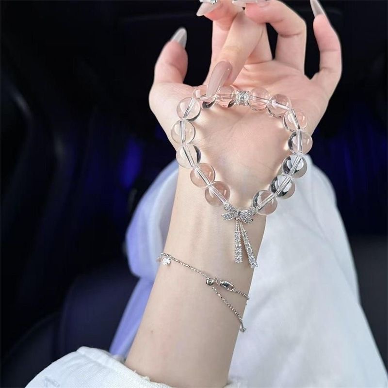 Light luxury ice-transparent white crystal slightly inlaid bow ribbon bracelet with a cold and elegant feminine touch, exquisite and super fairy-like beaded jewelry crystal details Picture