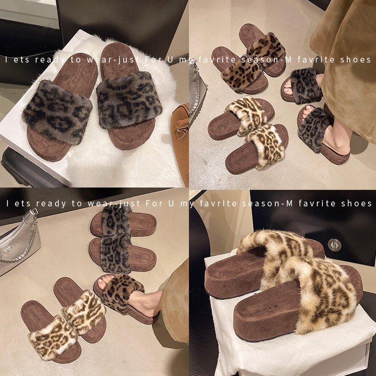 Leopard print thick-soled furry slippers for women, new autumn and winter 2025 style lamb furry flip-flops, versatile casual shoes Specification drawing