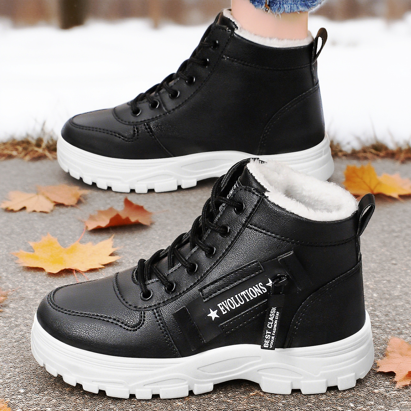 New women's shoes: Snow boots, fashionable and warm, fleece and thickened cotton shoes, waterproof and thickened lace-up mid-calf cotton boots Specification drawing