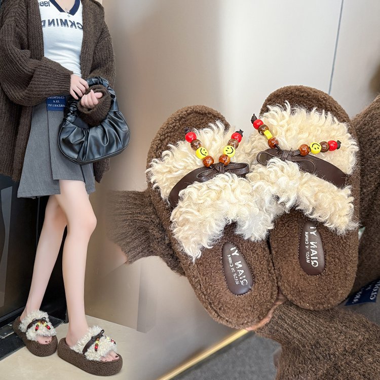 New 4CM thick-soled boat-shaped wool slippers for women, 2025 autumn/winter new faux lambskin straight-line cotton slippers for women details Picture