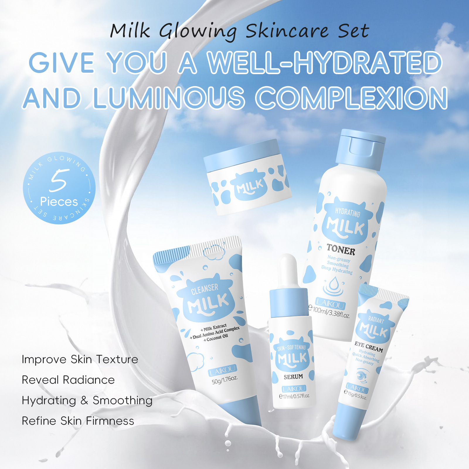 The new cross-border product, Laikou Milk Five-piece Set of hydrating and moisturizing skin care products, is in stock from the manufacturer. All packaging is in English details Picture