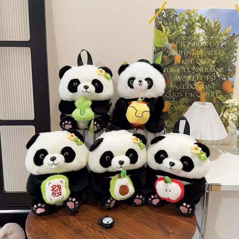 可爱熊猫花花双肩包女卡通牛油果苹果熊猫亲子包毛绒玩偶儿童包包详情1