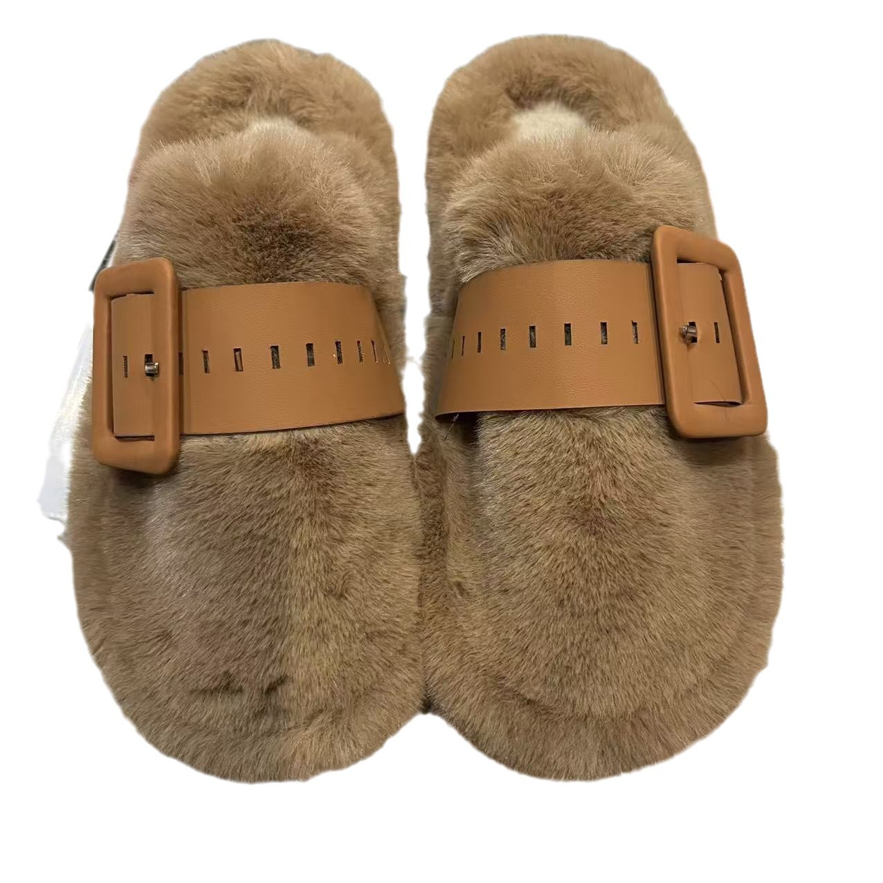 Wholesale of thick-soled, headband, furry slippers for women to wear outside in the winter of 2025, with belt buckles, fashionable and warm plush slippers Item Picture