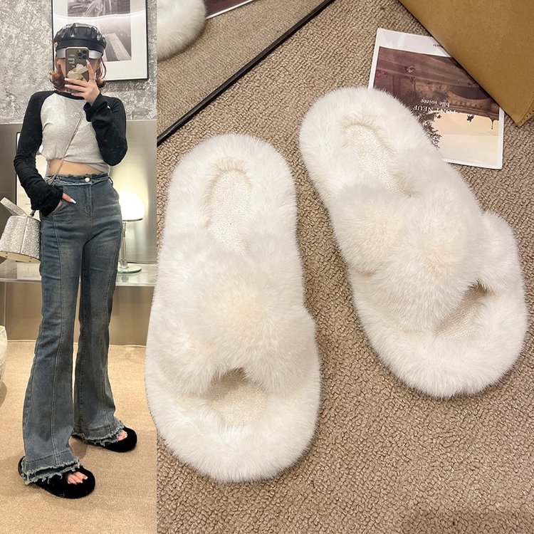 Flat and versatile casual woolen slippers for women, gentle and fairy-like style, cross autumn and winter, one-line cotton slippers full figure
