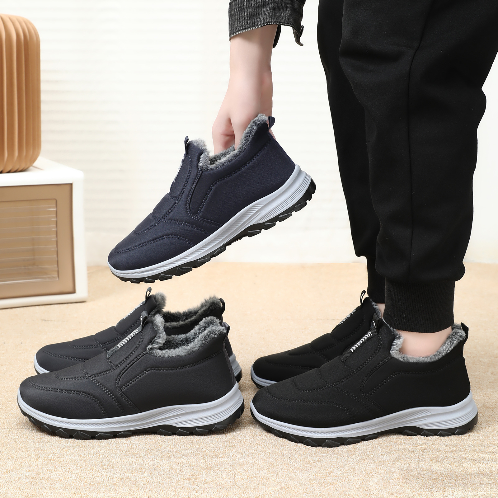 Men's cotton shoes 2025 winter new style with fleece and thickened cross-border boots wholesale and consignment, warm and casual snow boots Specification drawing