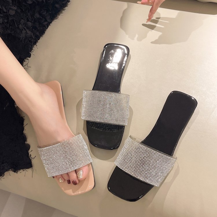 Water diamond slippers for women's summer outerwear, Korean style versatile flat cool slippers, 2025 summer Internet celebrity one-shoulder slippers Specification drawing