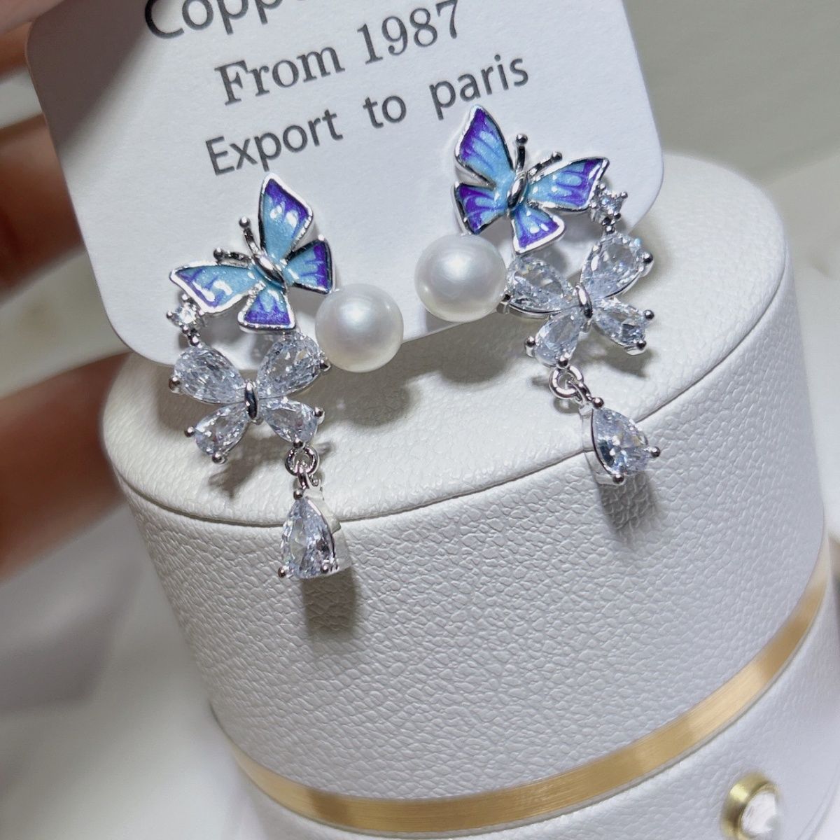 Natural freshwater pearl stud earrings, summer exquisite colored glaze butterfly blue stud earrings, women's zircon bestseller pearl necklace jewelry necklace detail image 14