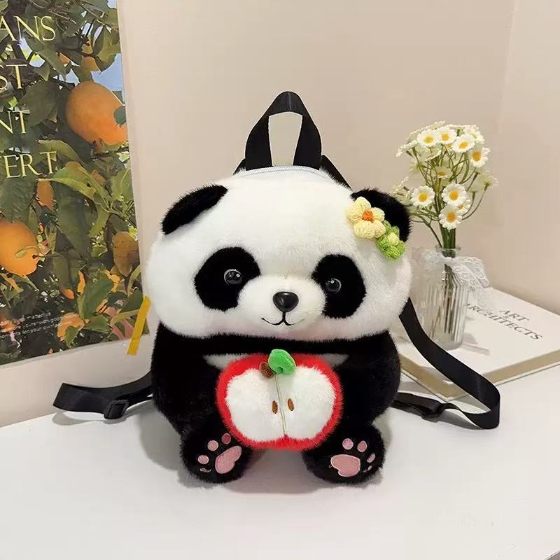 可爱熊猫花花双肩包女卡通牛油果苹果熊猫亲子包毛绒玩偶儿童包包产品图