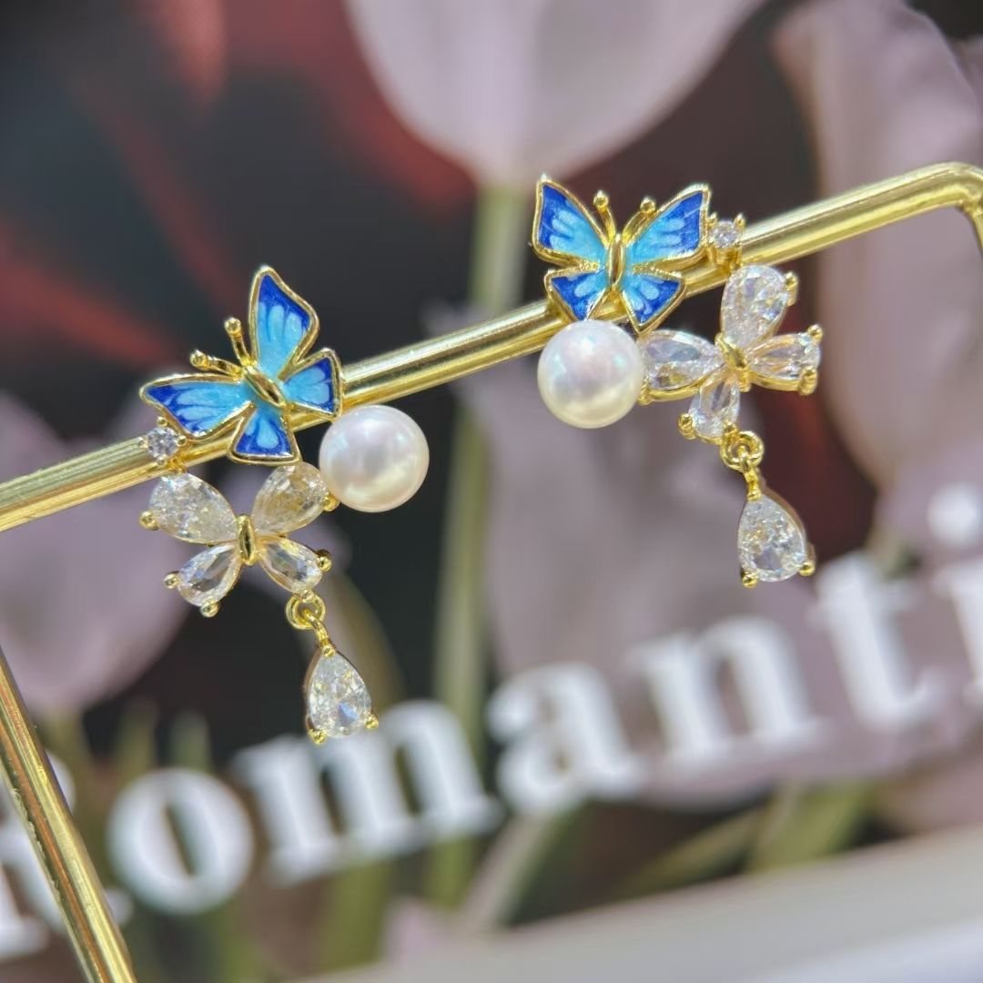 Natural freshwater pearl stud earrings, summer exquisite colored glaze butterfly blue stud earrings, women's zircon bestseller pearl necklace jewelry necklace detail image 5
