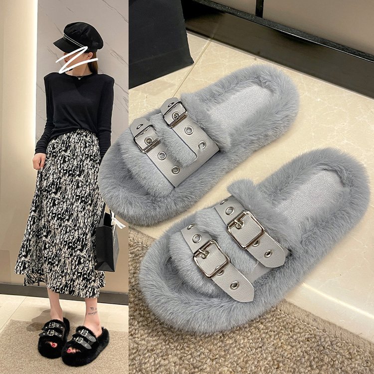 2025 New flat, versatile, casual, home, autumn and winter woolen slippers women's fashion, niche cotton slippers women's shoes full figure