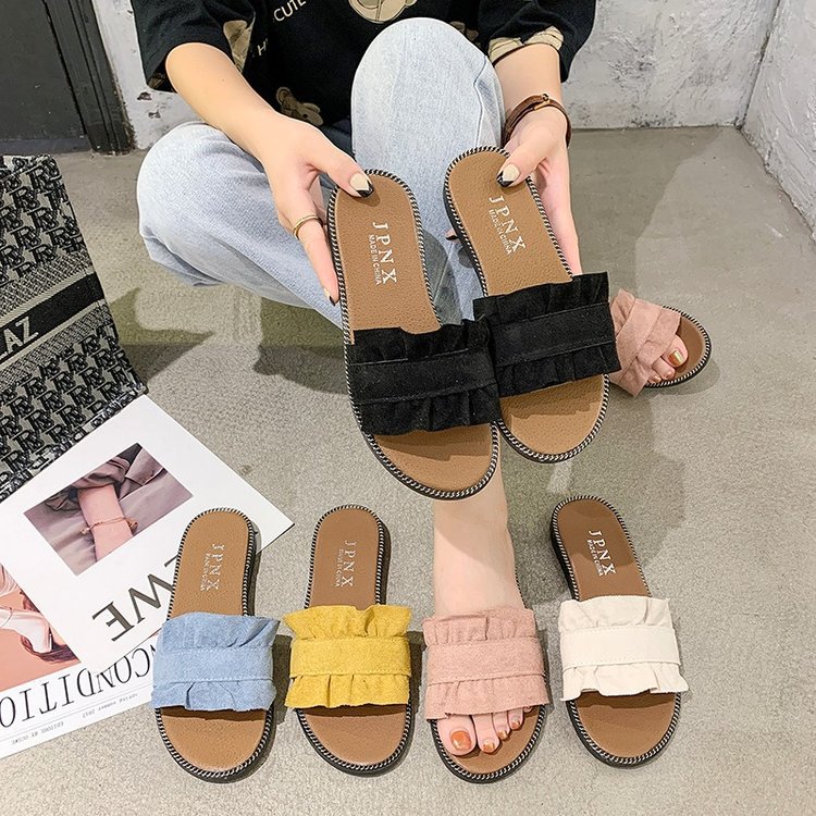 Spring and summer new Korean-style lace one-shoulder slippers, flat casual women's flip-flops, women's student flat beach shoes details Picture