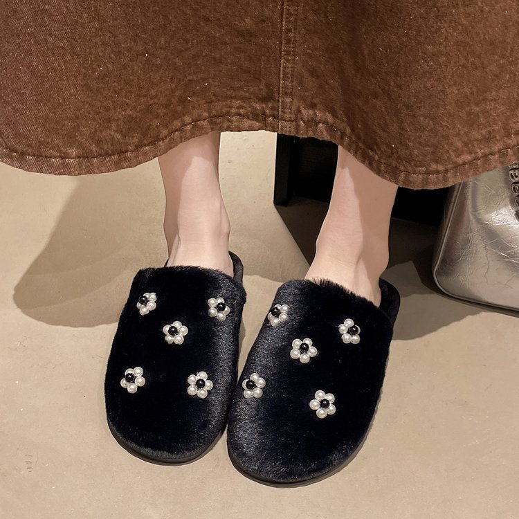 Wholesale of the 2025 autumn/winter new fashion pearl flower cotton flip-flops for daily home use with soft soles and warmth Specification drawing