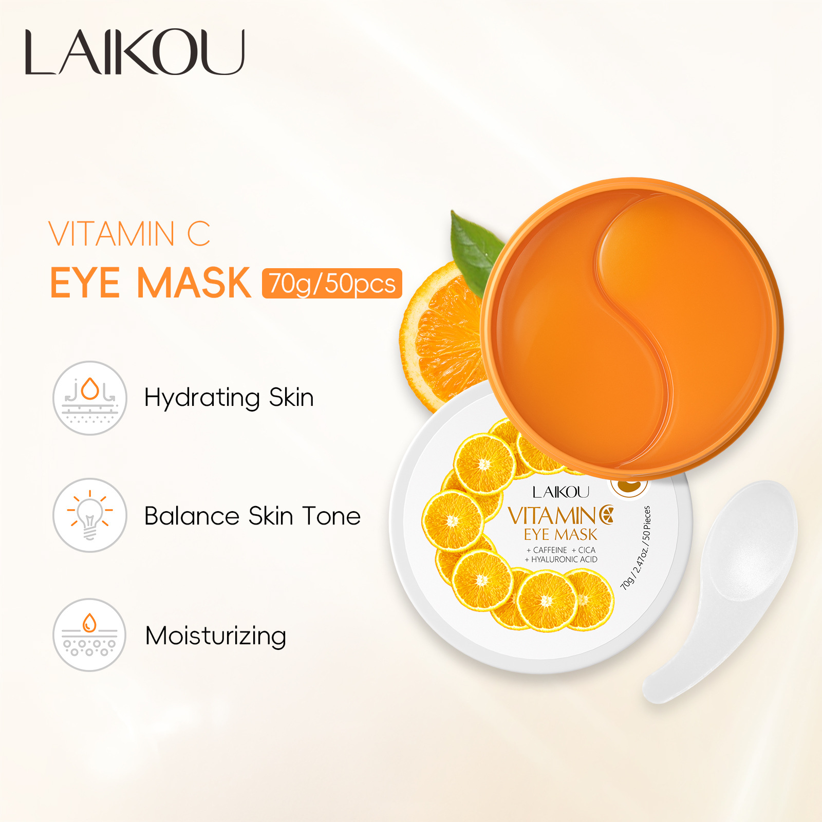 Cross-border LAIKOU Vitamin c Eye Mask Patches 50 pieces Moisturizing and hydrating All-English Eye Mask patches for export wholesale in stock full figure