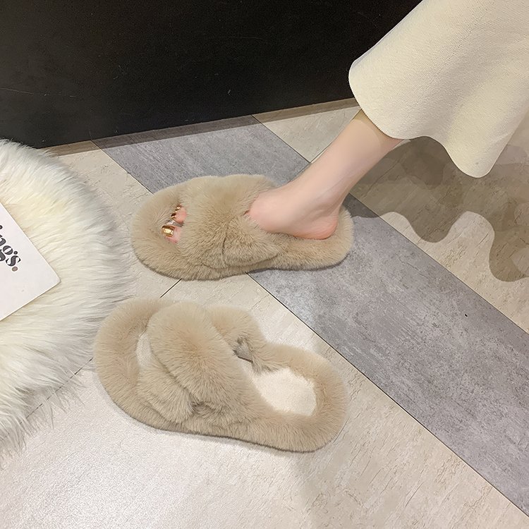 Wholesale of 2025 new style Korean cross-fleece slippers for women's outerwear, fashionable flat one-line slippers Specification drawing