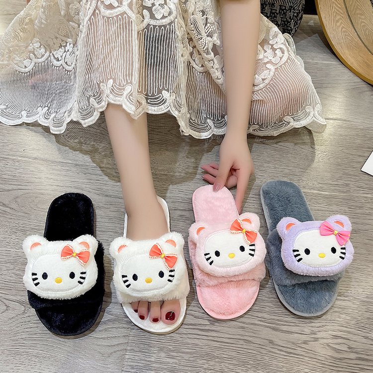 "2025 Autumn and Winter Fashion, casual, flat, versatile, girlish, cute, Kawaii, plush cotton slippers for women. details Picture