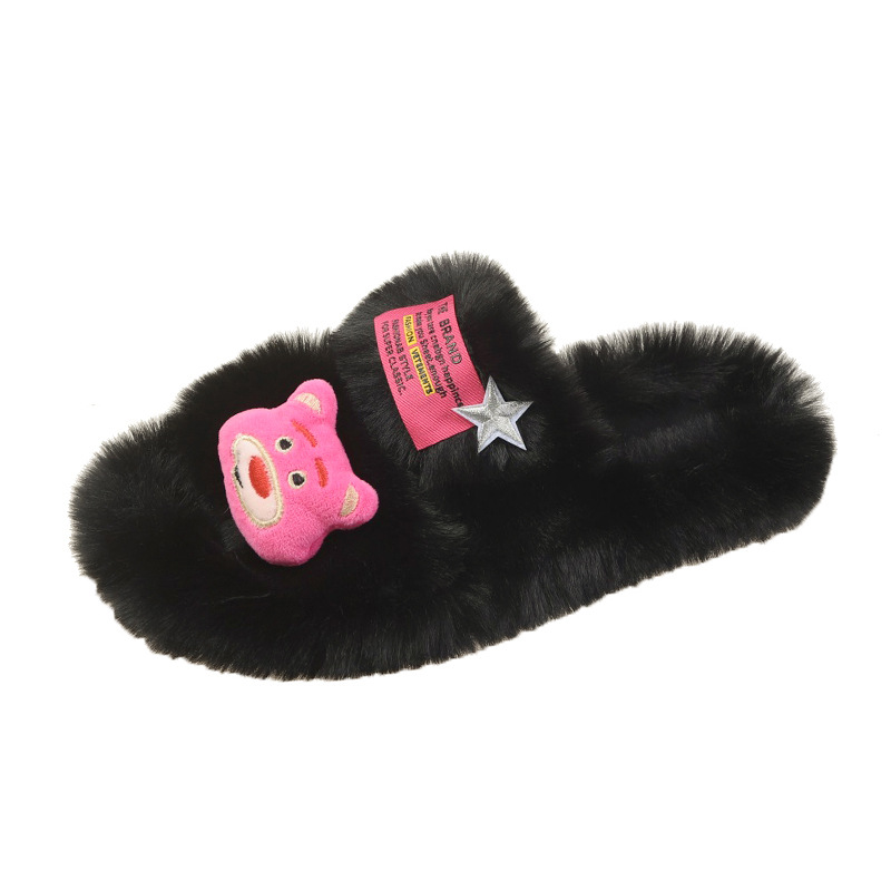 Cartoon cute bear DIY accessories, plush slippers for women, new autumn and winter home warmth, one-line plush cotton slippers Item Picture