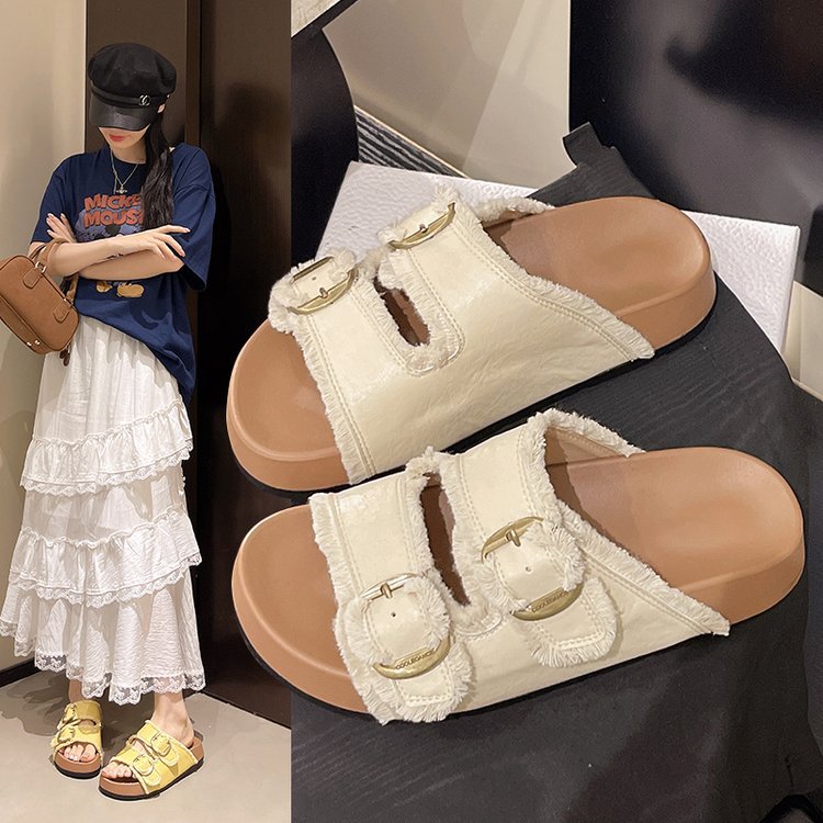 Muffin thick-soled Birken slippers for women's summer wear, 2025 new style with skirt, beach one-shoulder drag with skirt, flip-flops full figure