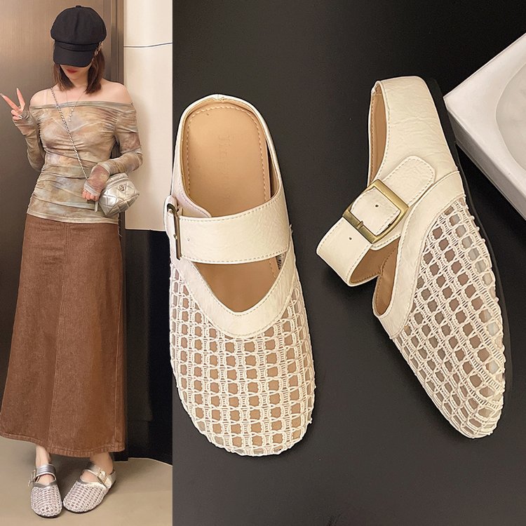 Baotou summer slippers for women to wear outside 2025 new style mesh breathable French thick-soled pregnant women Mary Jane half-support single shoes full figure