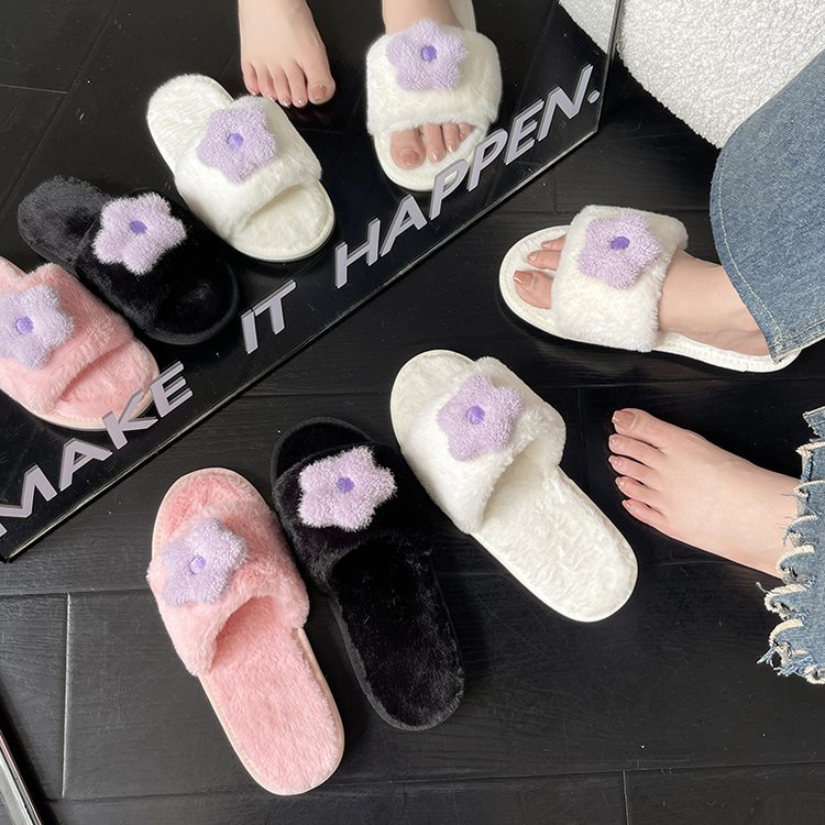 For the autumn and winter of 2025, there are flat, lightweight, anti-slip casual flip-flops for home wear with floral fur Specification drawing